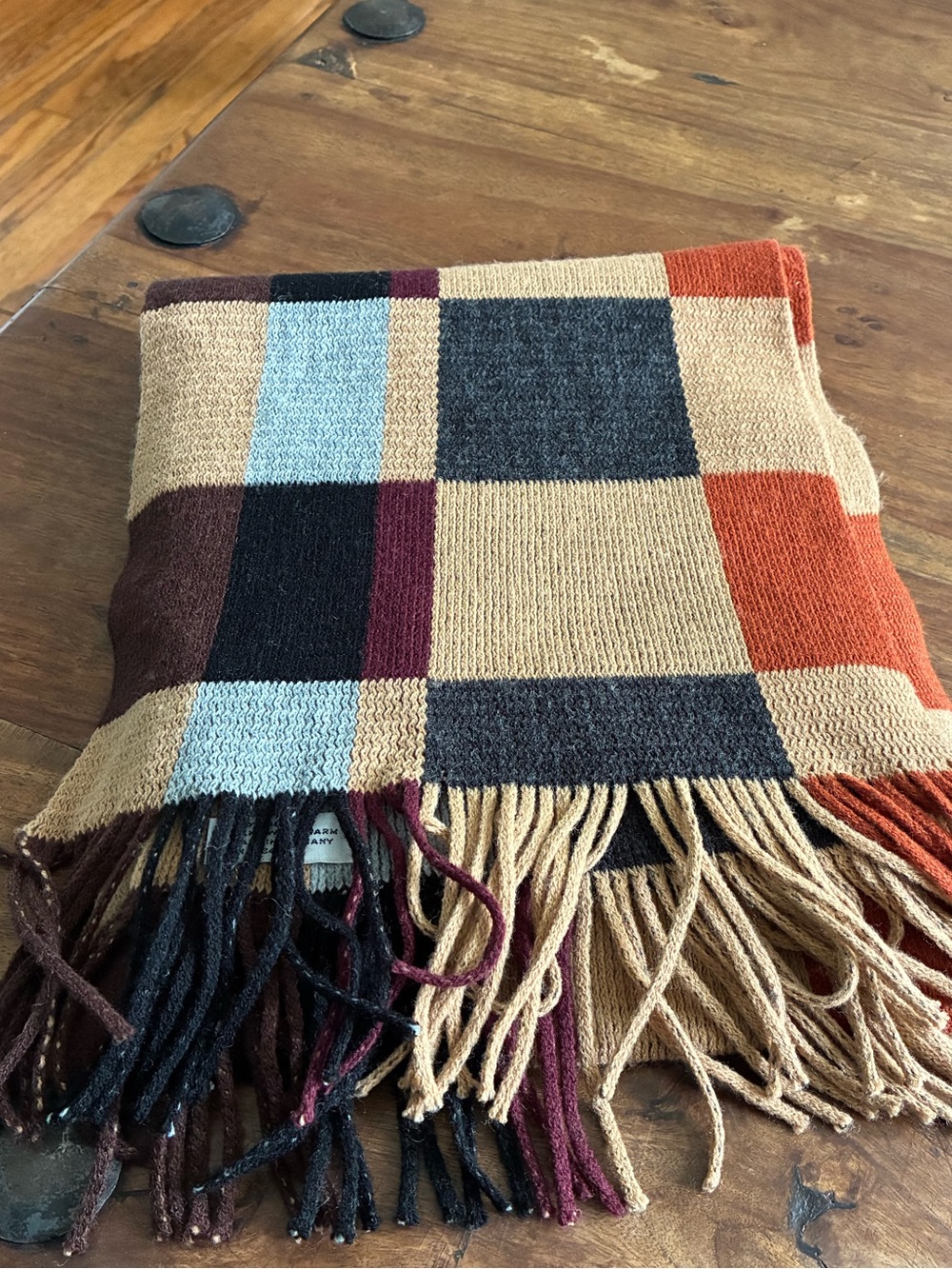 Plaid Knit Fringe Scarf in Camel, Black, Rust & Blue